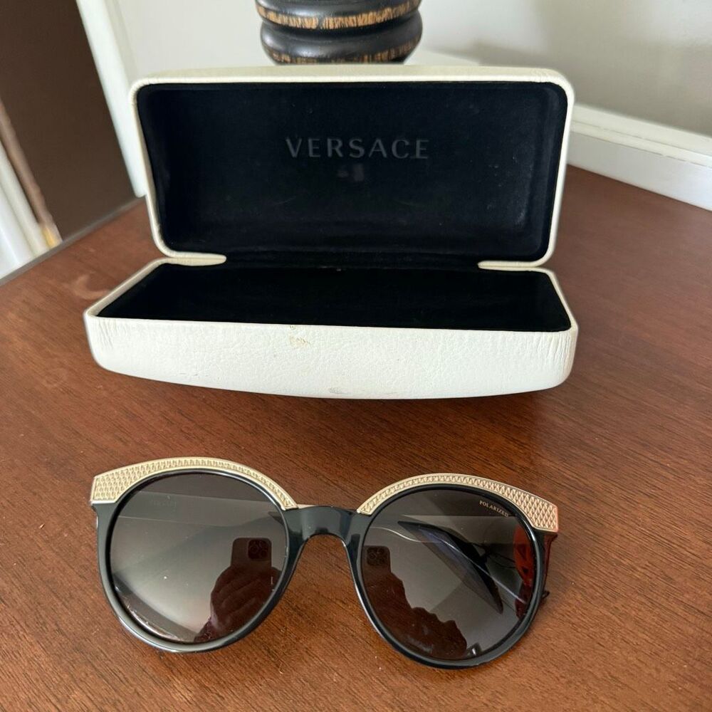 Versace 4330 Black Gold Medusa Round Cat Eye Polarized Sunglasses With Case
